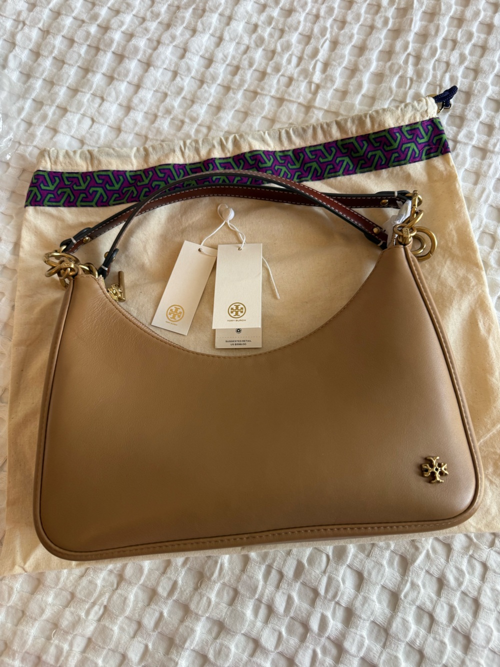 Tory Burch Beige Tan Leather Shoulder Bag with Gold Hardware